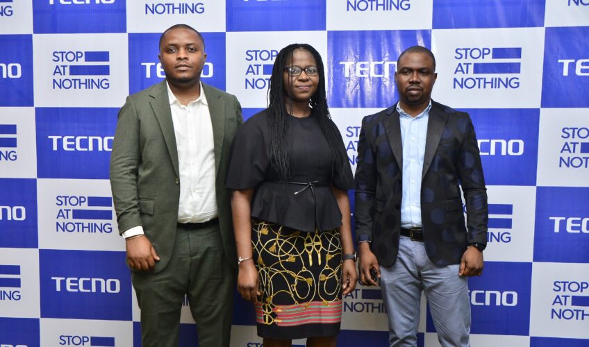 L-R: Chinma Banksharon-Nwaneri, Senior marketing manager, TECNO Nigeria; Thompson Ani, marketing manager, and Damilare Omotimehin, Marketing Supervisor during the TECNO media parley in Lagos, yesterday