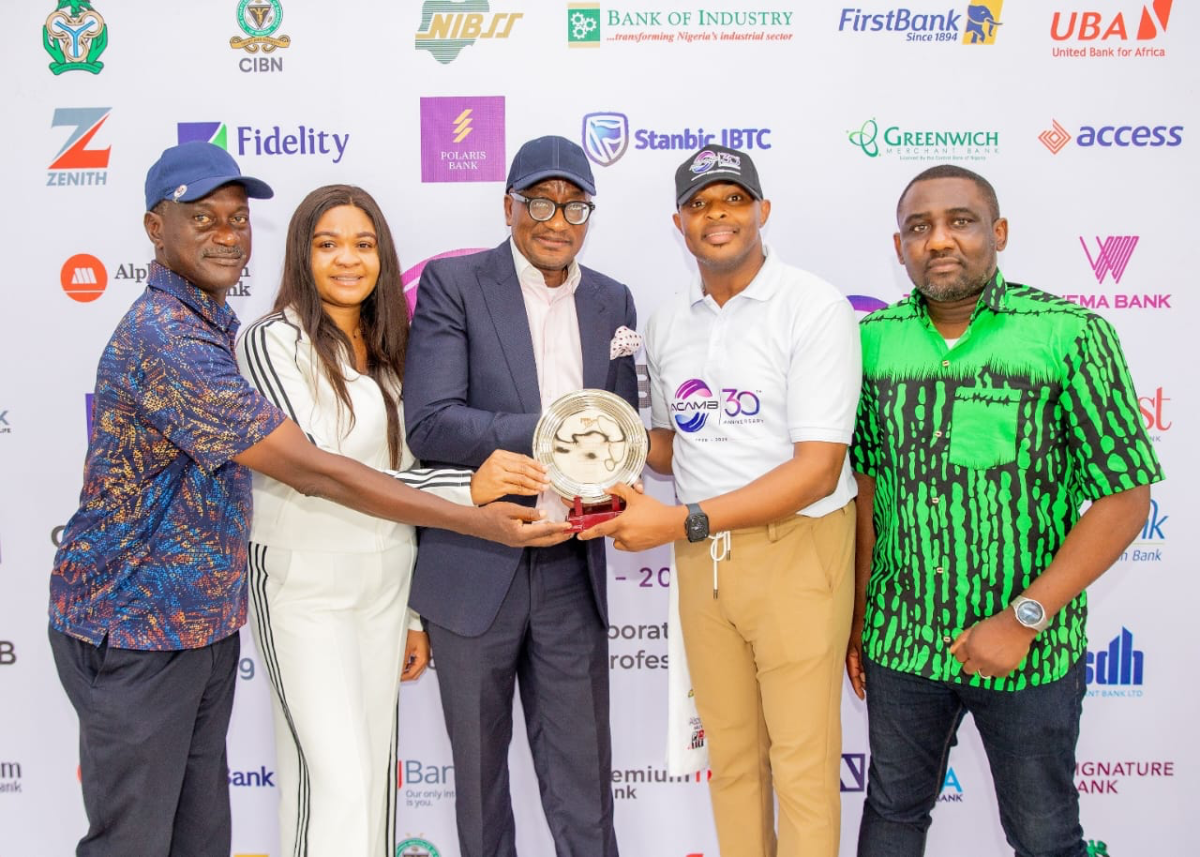 Captain, Ikoyi Club 1938, Afolabi Balogun; Head, Partnership and Hospitality, Golf Section, Ikoyi Club 1938; Rerhe Idonije; Deputy Vice Chairman, Ikoyi Club 1938; Bolaji Martins; President, Association of Corporate Communication and Marketing Professionals in Banks (ACAMB), Jide Sipe and Publicity Secretary, ACAMB, Abiodun Coker, during the Golf and Networking Experience Hosted by ACAMB to commemorate its 30th Anniversary celebration in Ikoyi, Lagos, recently